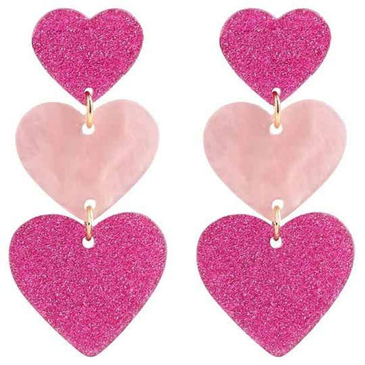 Ohrringe – Herzen – 6,2 x 3 cm – Glitzer – Rosa/Goldfarben