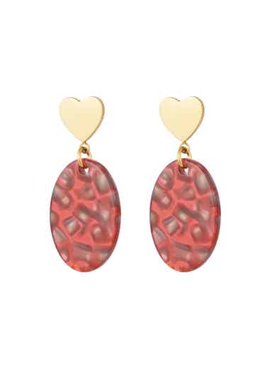 Ohrringe – Edelstahl – Herz – Oval – 1,6 x 3,8 cm – Rot/Goldfarben