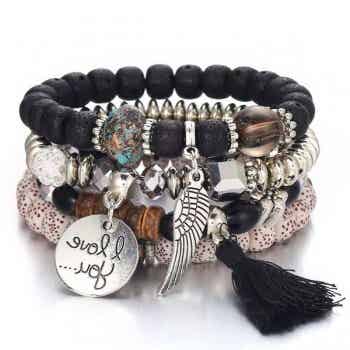 Armband – Bohemian – Kalen – 4 Schichten – Charm „I Love You“ – Schwarz