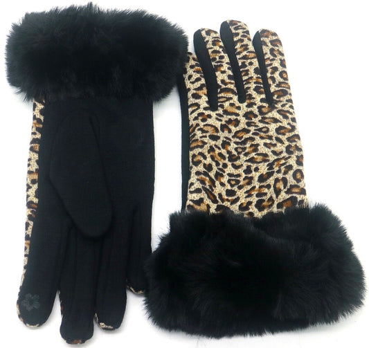 Handschoenen - Faux Fur - Leopard Print Bruin