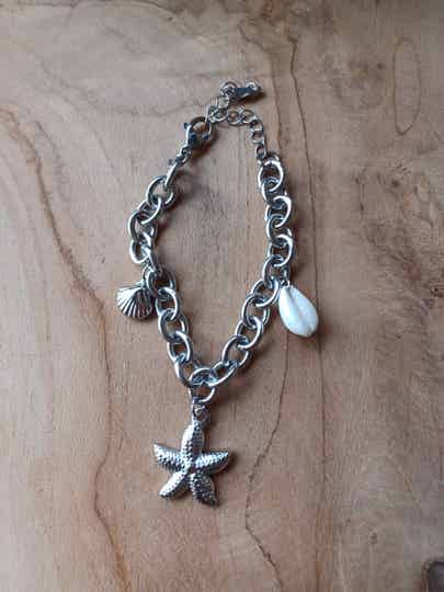 Armband - Charms - Edelstahl - Muschel - Seestern - 16,5 + 5 cm - Silberfarben