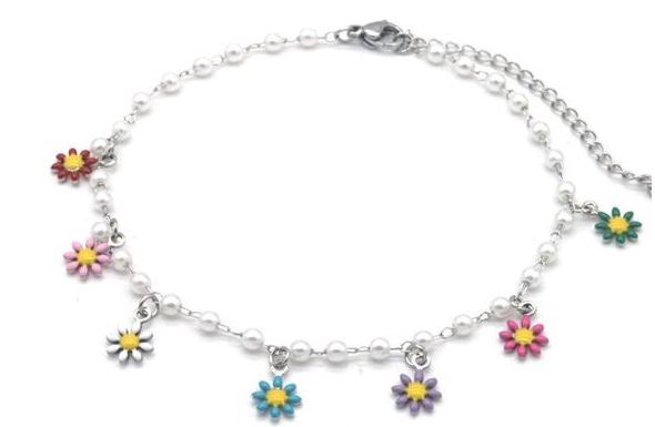 Enkelbandje - Bloemen - Stainless Steel - Lengte 22-28 cm - Zilverkleurig