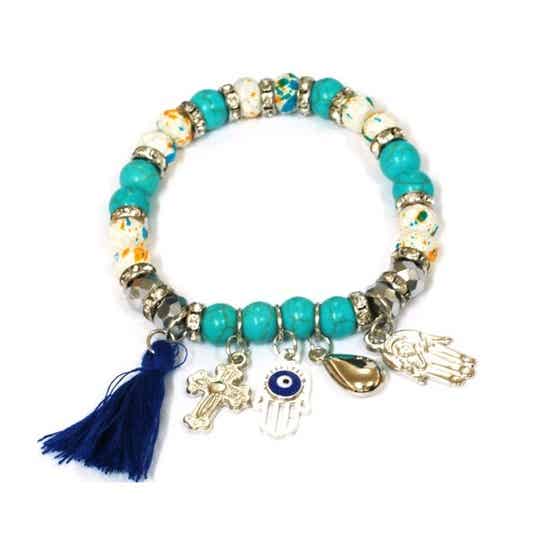 Armband - Böhmisch - Naturstein - Elastisch - Perlen - Charms - Blau