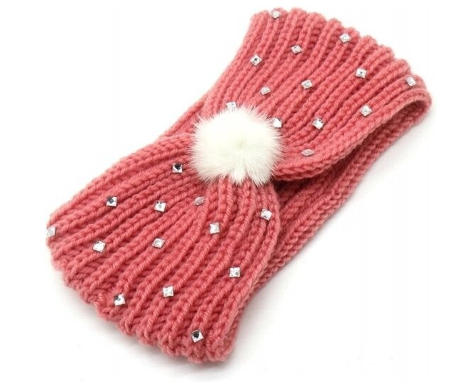 Warmes gestricktes Stirnband mit Pompon – Ohrenwärmer – Rosa