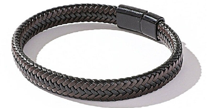 Heren Armband - Leder -Gevlochten - Donker Bruin/ Zwart - 22 cm