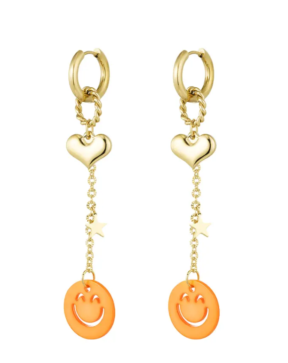 Oorbellen Stainless Steel Smiley Hart Oranje/Goudkleurig